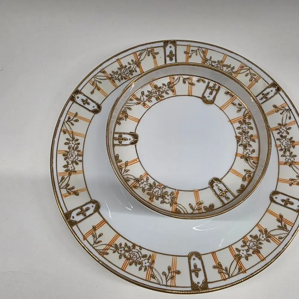 Vintage Hand Painted Nippon Berry Bowl Underplate Set Gold Floral Japan